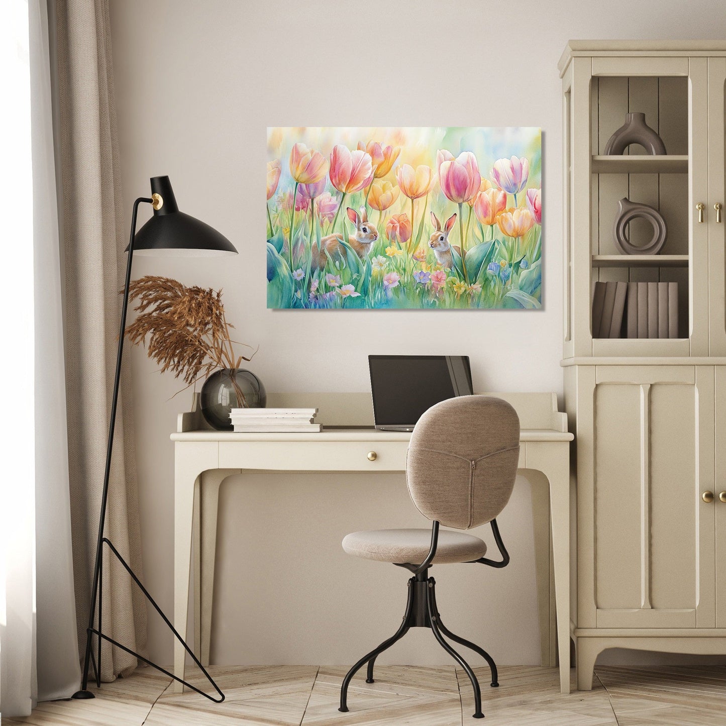 Tulip Meadow and Rabbits Canvas
