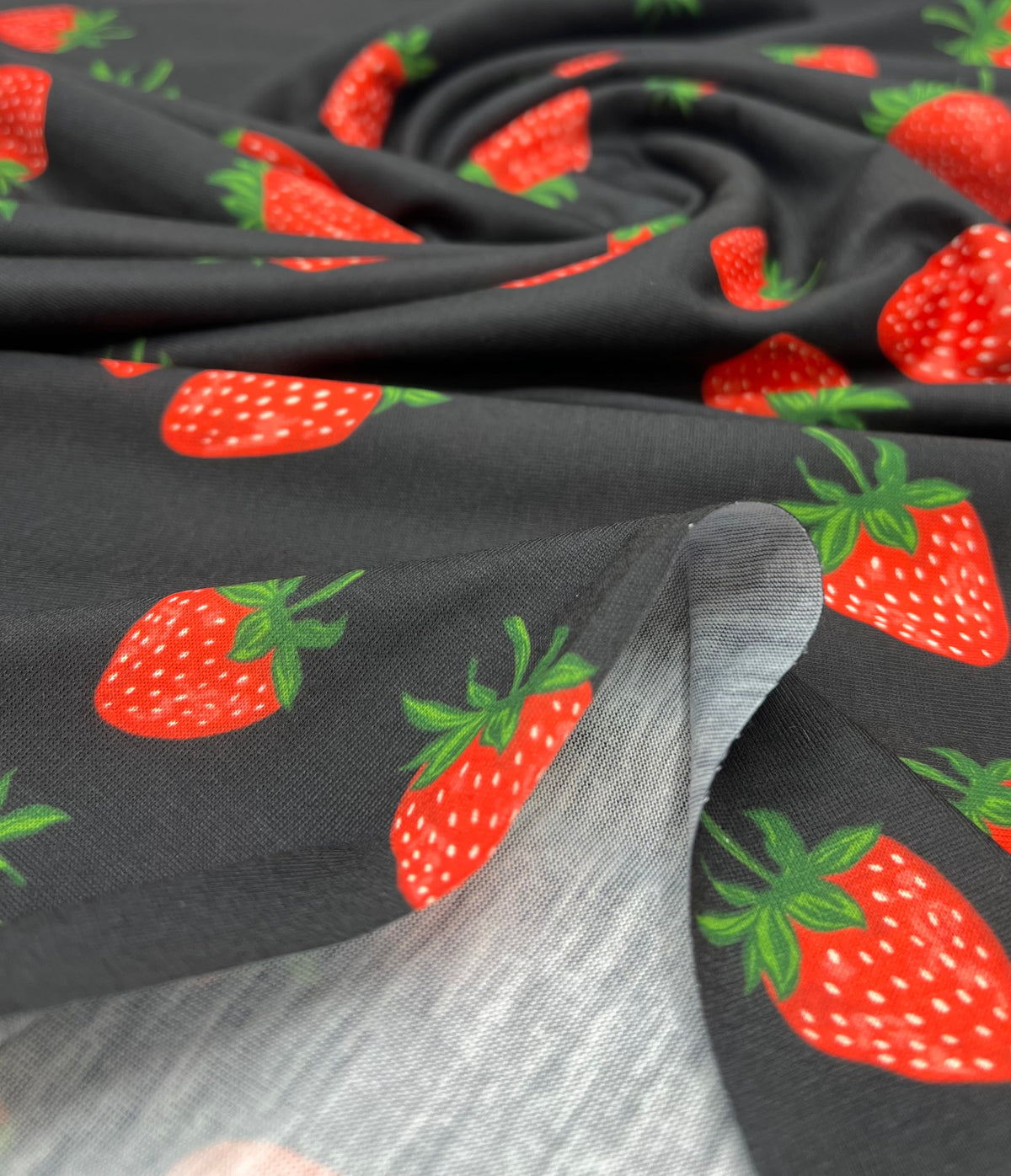 Black Strawberry Print Spun Poly Stretch Fabric