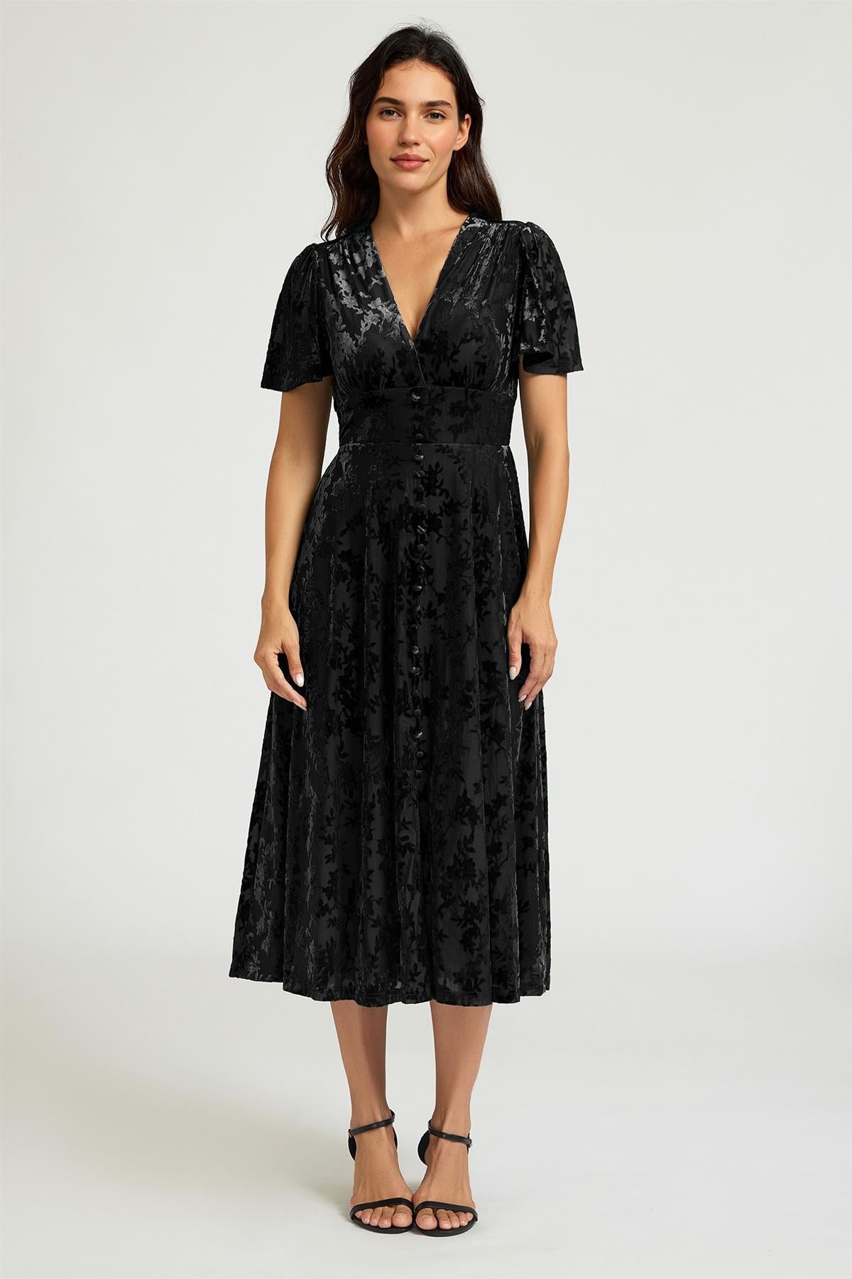 Floral Velvet Devore V neckline Dress In Black