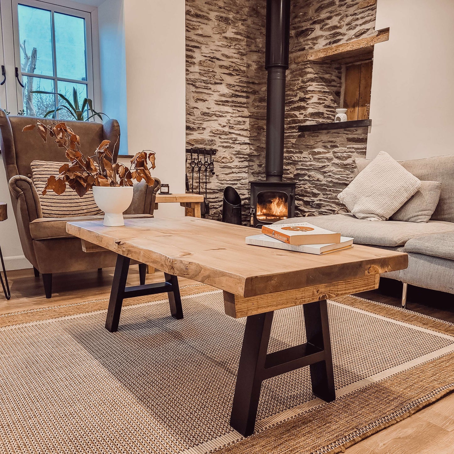 VELA Live / Waney Edge Coffee Table With Metal A Frame Legs