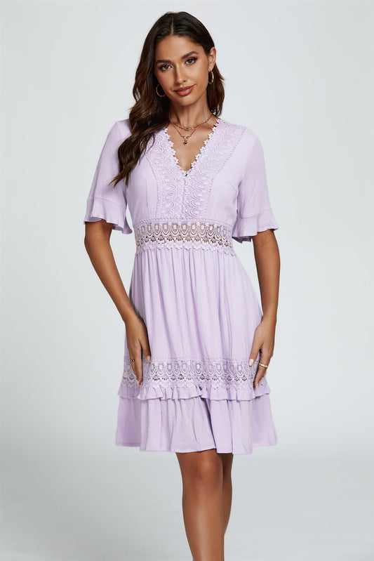V Neck Lace Mini Dress In Purple