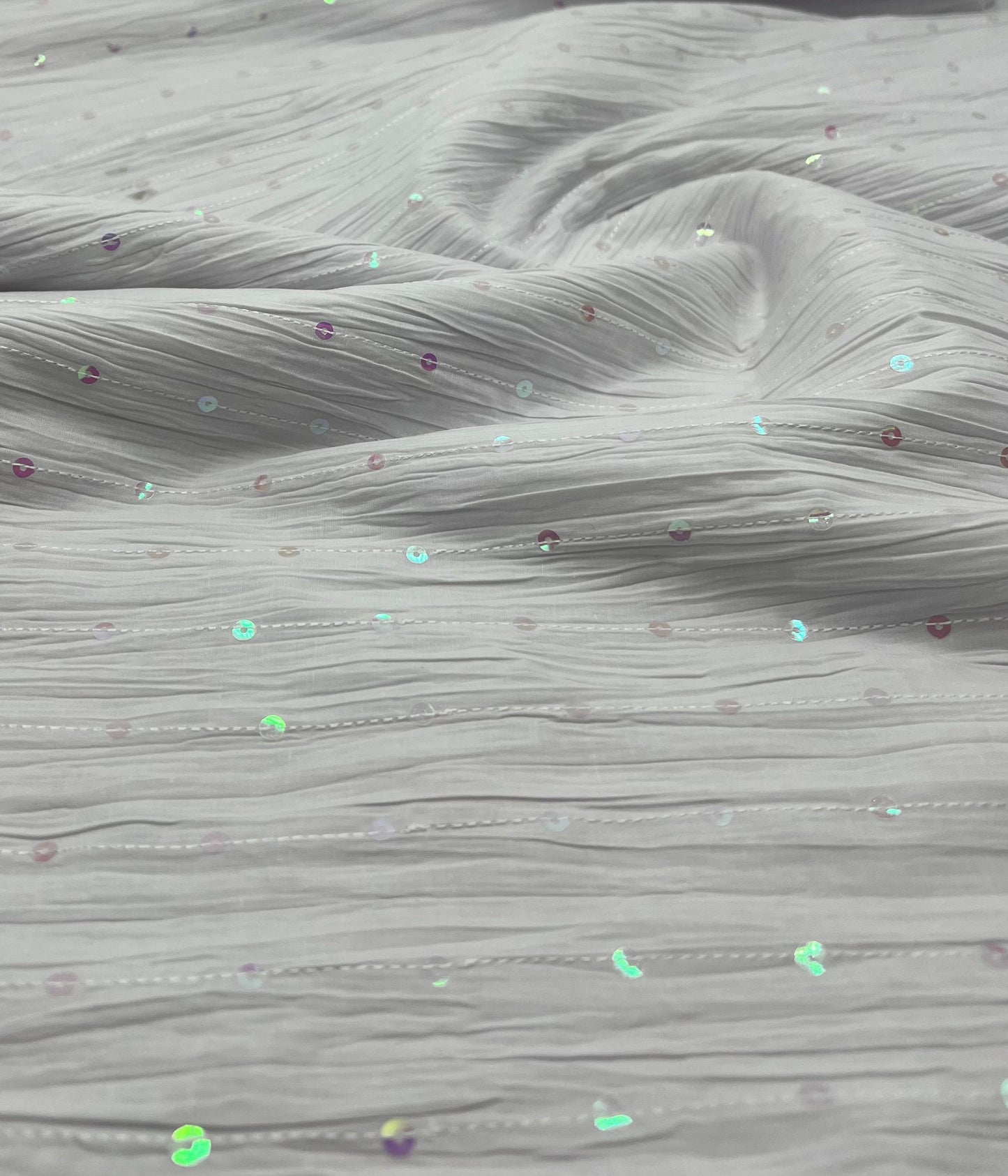White Sequin Crinkled Lightweight Non Stretch Fabric