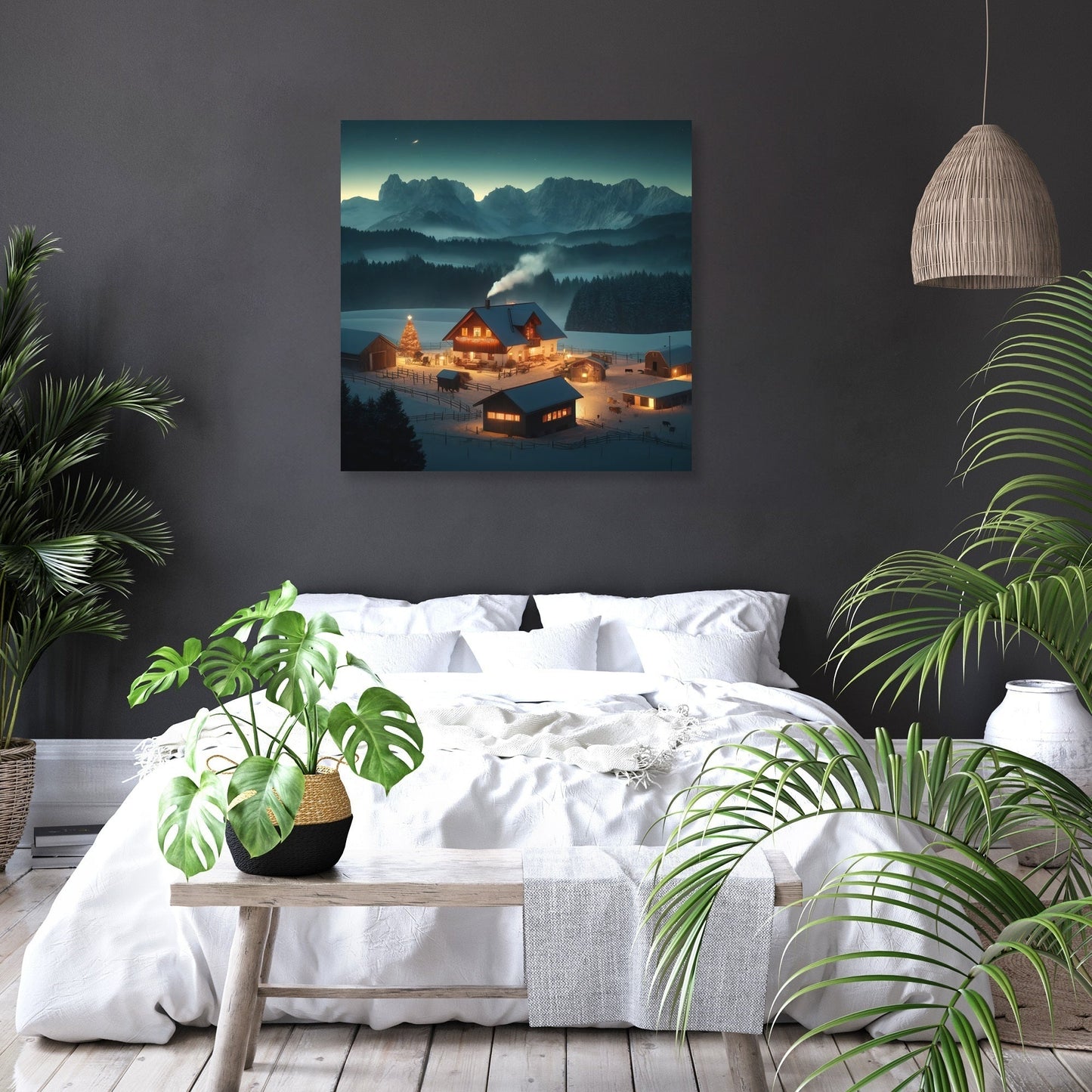 Mountain Farm Holiday Night Canvas