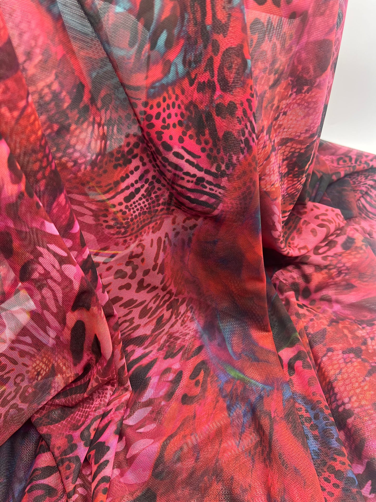 Red Rose Animal Mix Print Mesh Fabric Stretch