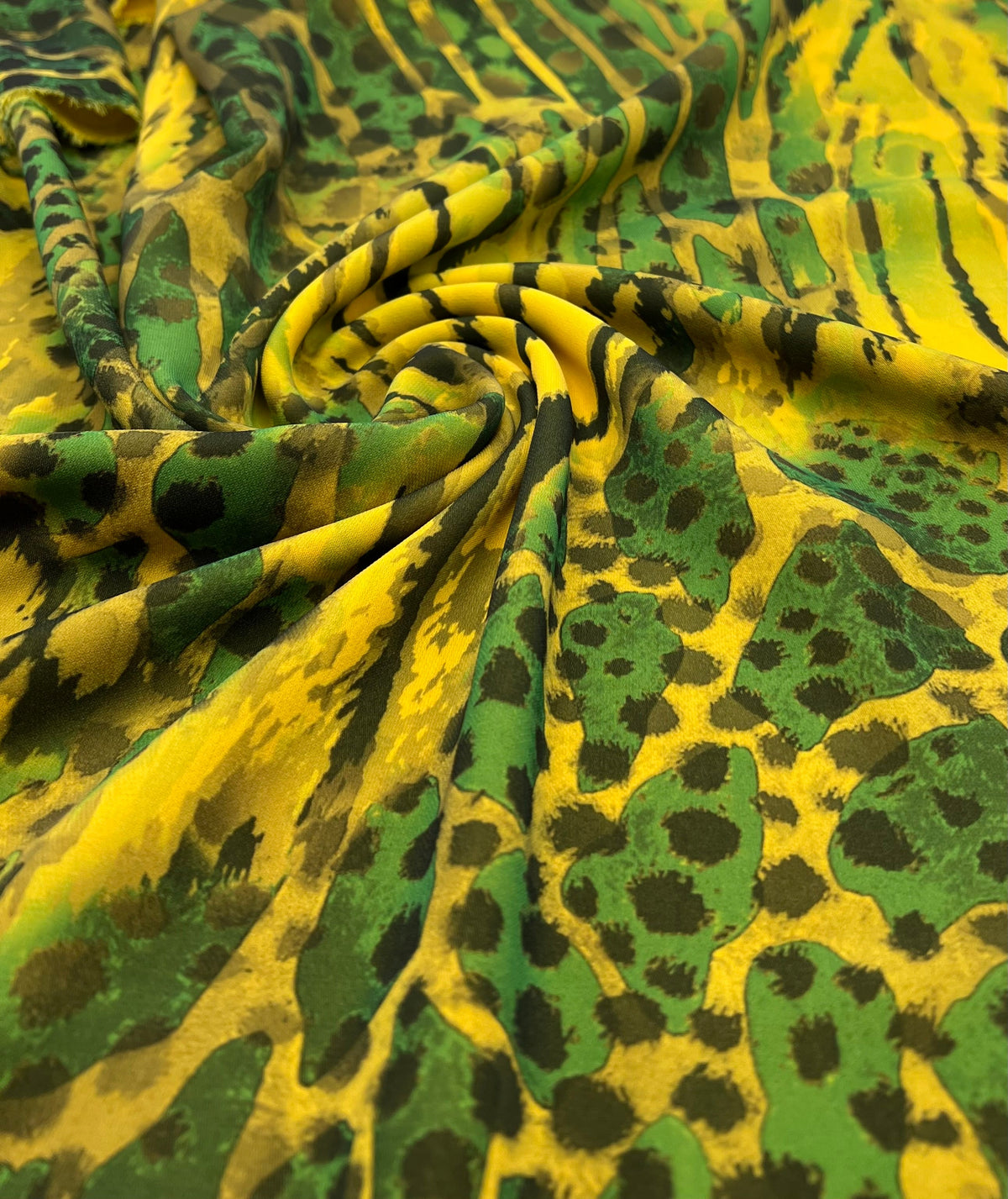 Green Yellow Animal Lightweight Crepe Fabric 160GSM Non Stretch