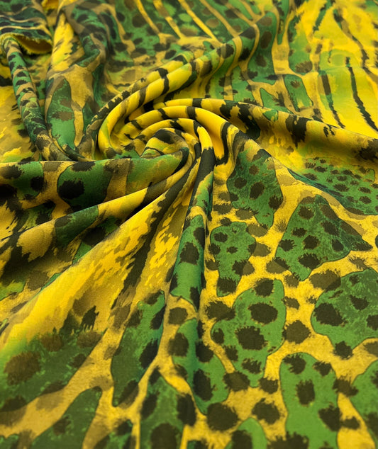 Green Yellow Animal Lightweight Crepe Fabric 160GSM Non Stretch