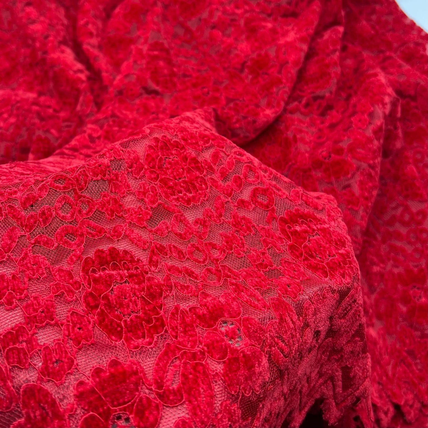 Red Embossed Textured Scalloped Edge Floral Lace Fabric Stretch