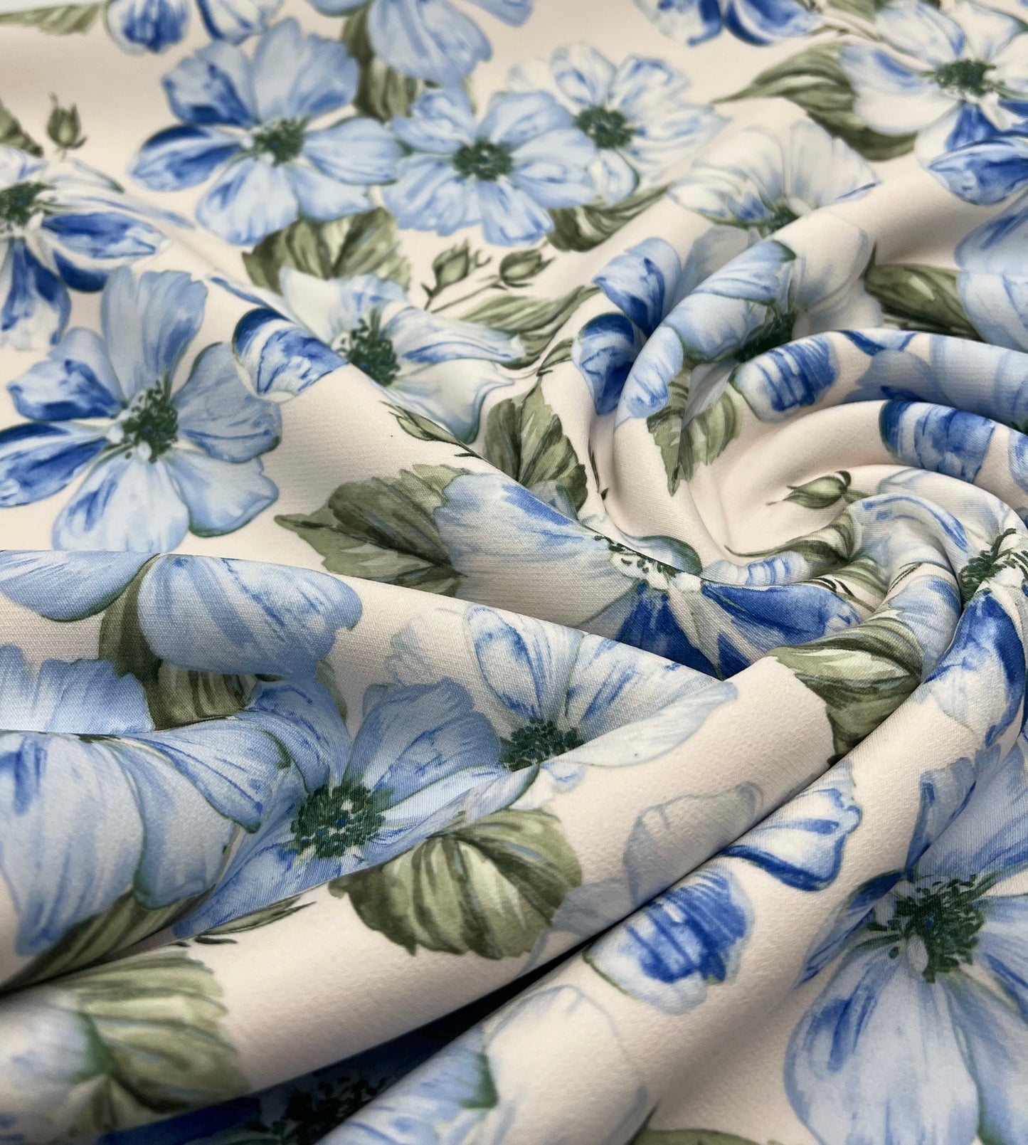 Ivory Blue Floral Compact Crepe Fabric 2 Way Stretch