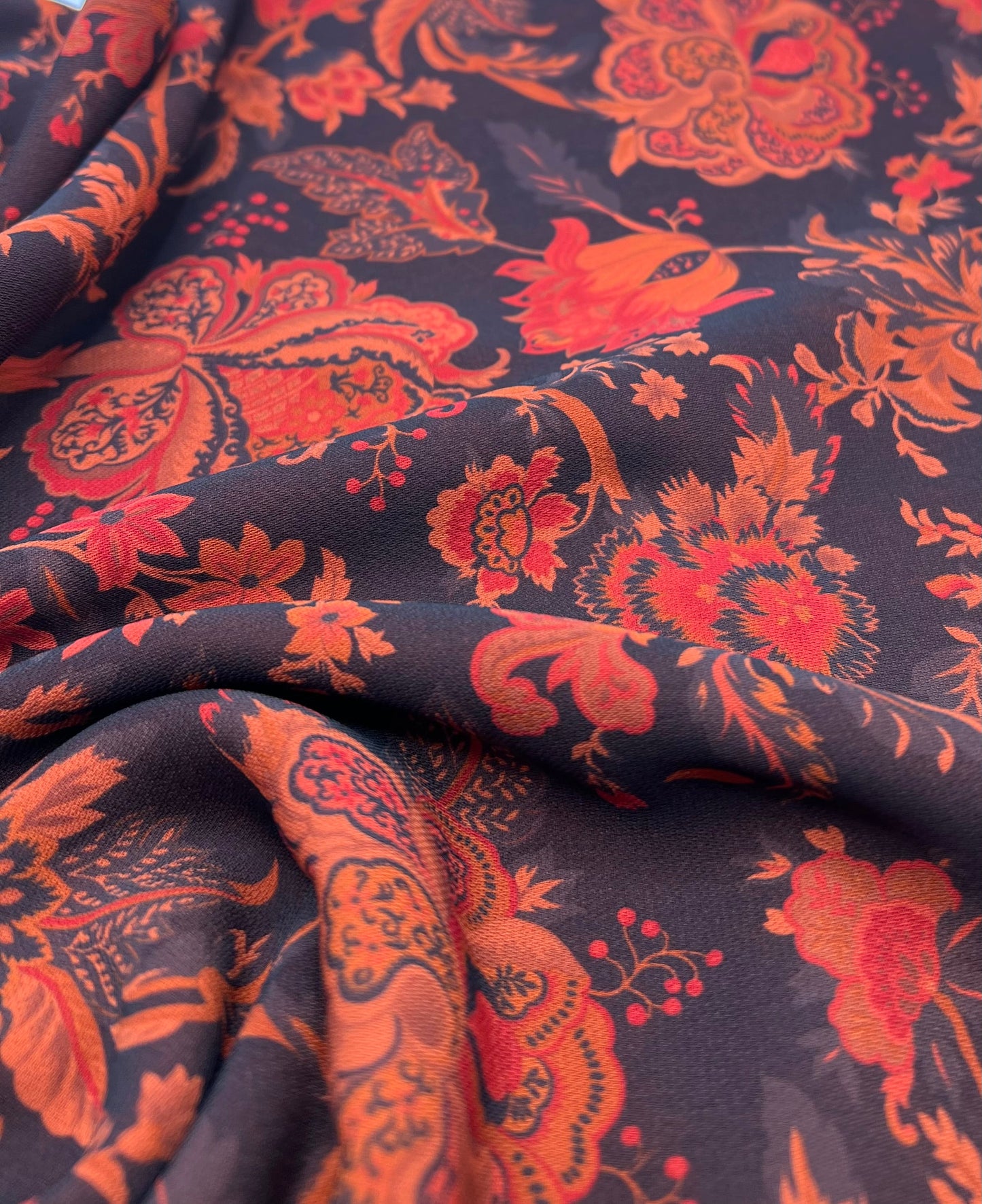 Black Red Floral Lightweight Crepe Fabric 175GSM Non Stretch