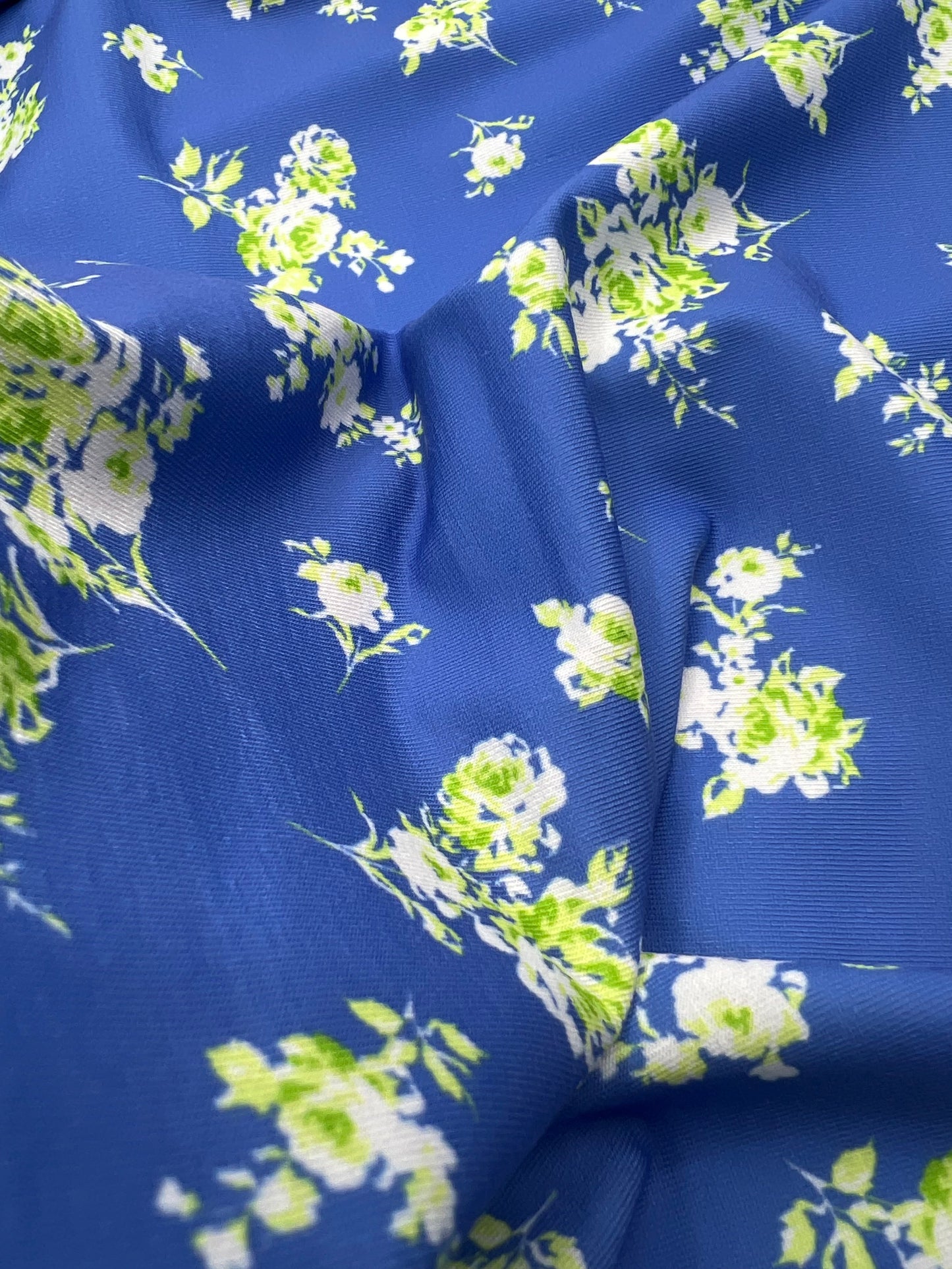 Blue Green Flower Floral Mix Print Spun Poly Stretch Fabric