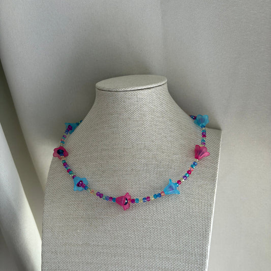 Handmade beaded pink and blue flower choker necklace