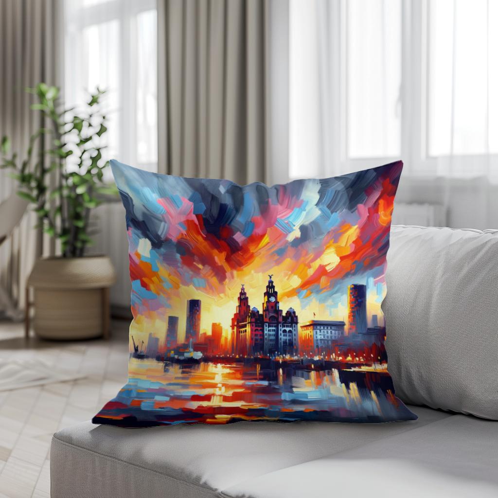 Expressionist Sunset Liverpool Skyline Cotton Cushion