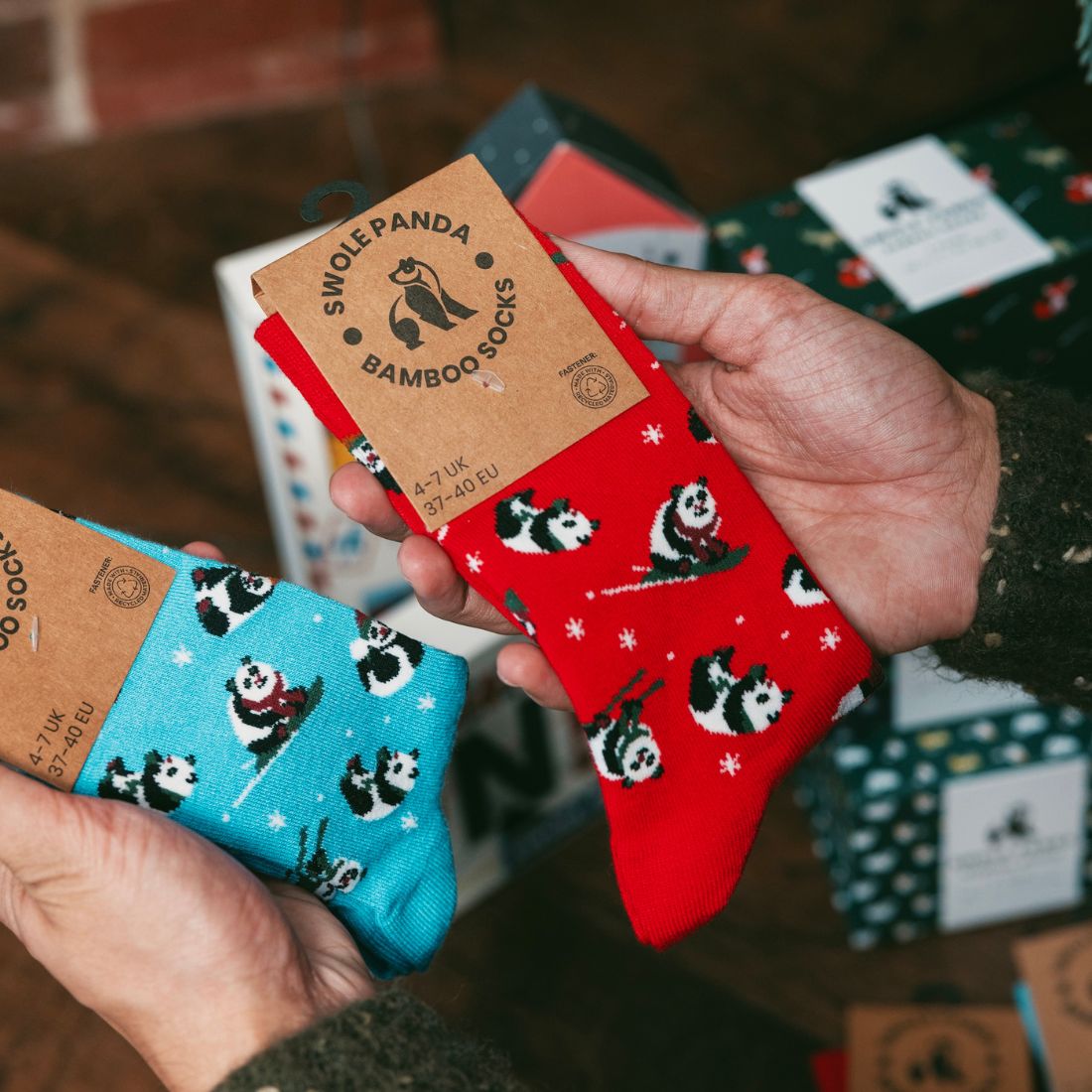 Red Skiing Panda Bamboo Socks