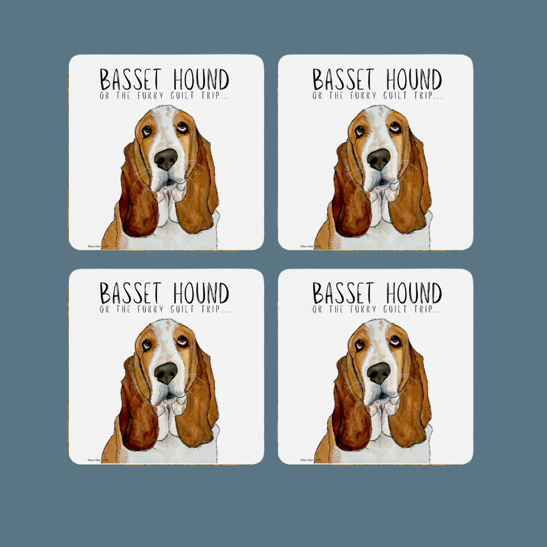 Furry Guilt Trip Coasters – Basset Hound Approved