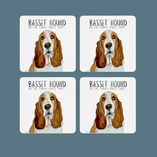 Furry Guilt Trip Coasters – Basset Hound Approved