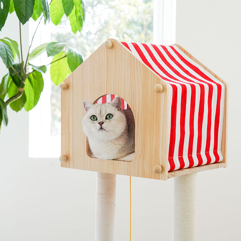 zeze Farmhouse Cat Tree — 138cm Tower with Wooden House, Chick Hammock & Cow-Print Perch
