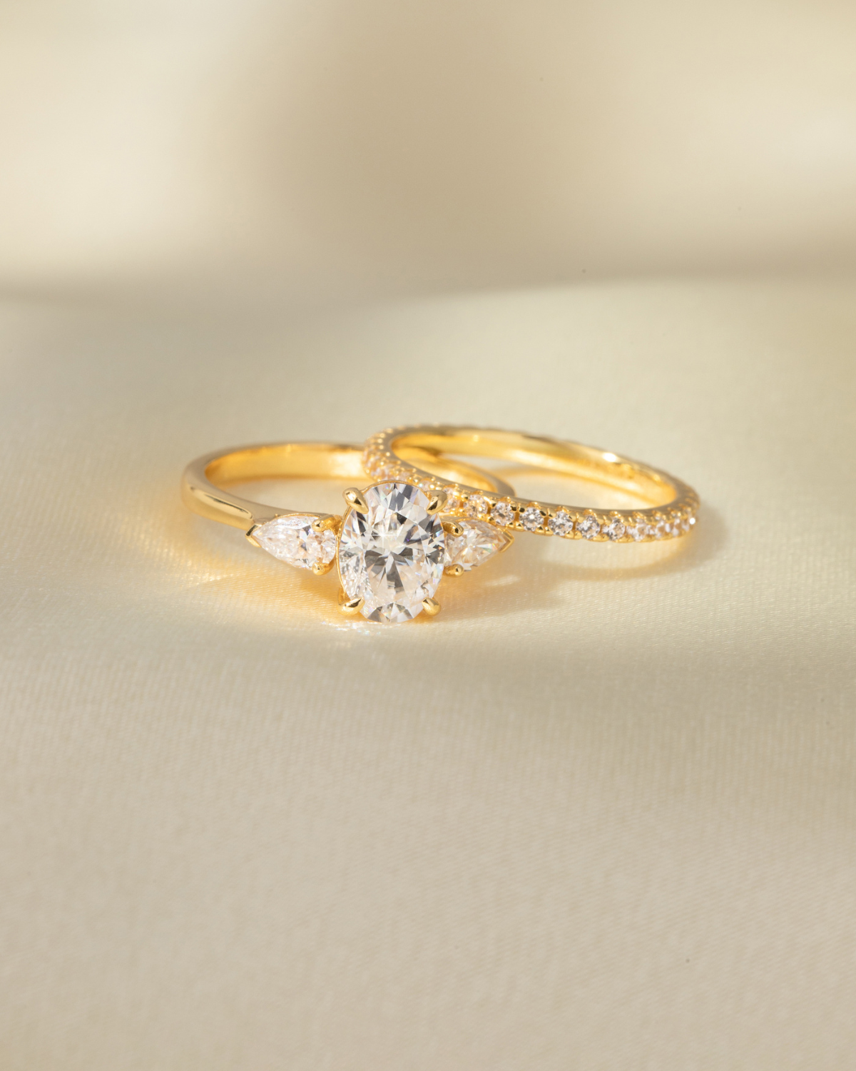 2 ct Oval Moissanite Three Stone Engagement Ring in 18k Gold Vermeil
