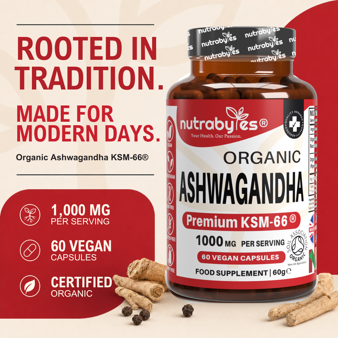 Organic Ashwagandha KSM66® 1000mg Per Serving with Organic Black Pepper, Certified Organic by Soil Association