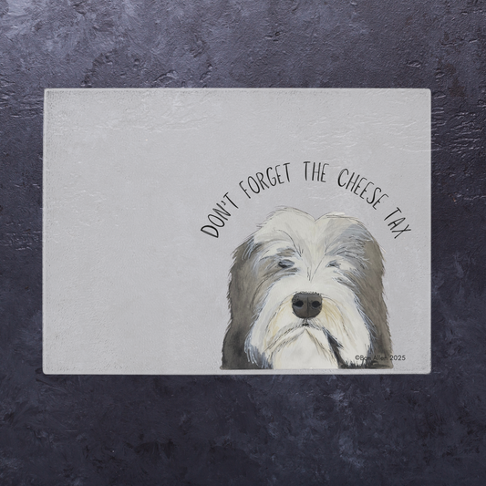 Cheese Tax Enforcer – Bearded Collie Chopping Board of Justice