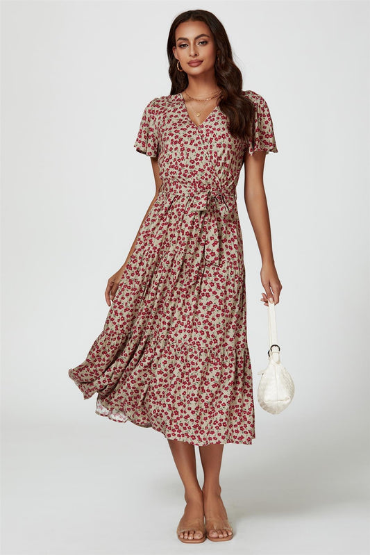 Pink Floral Print Wrap Midi Dress In Beige