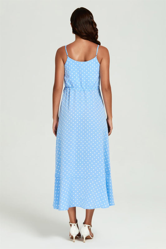 Dot Print Button Down High Low Strappy Dress In Light Blue