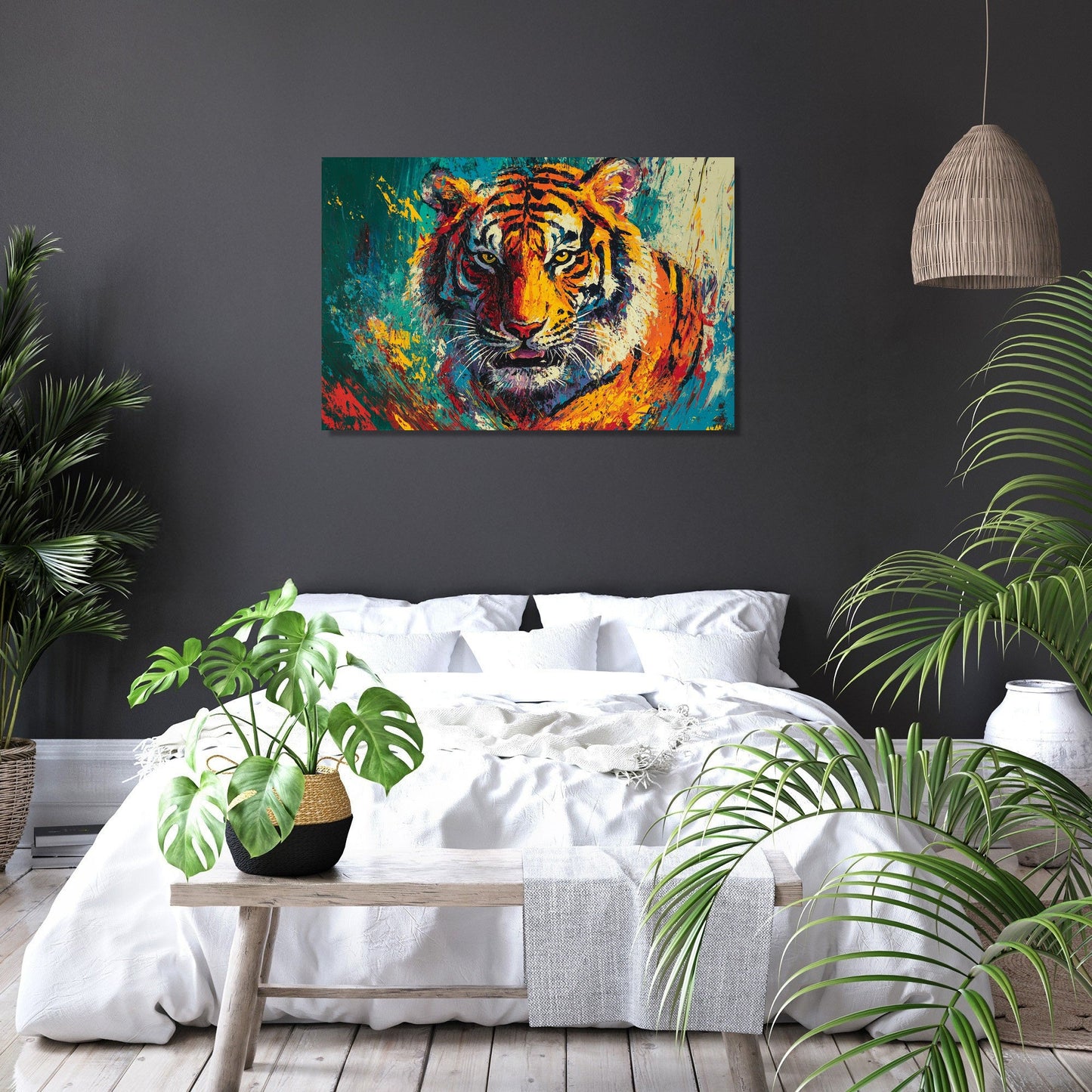 Fierce Tiger on Green Canvas