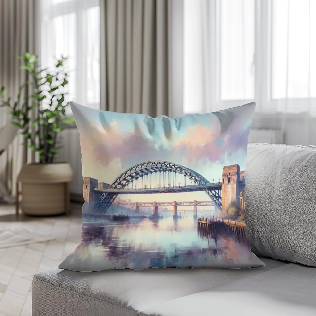 Newcastle Tyne Bridge Dawn Cotton Cushion