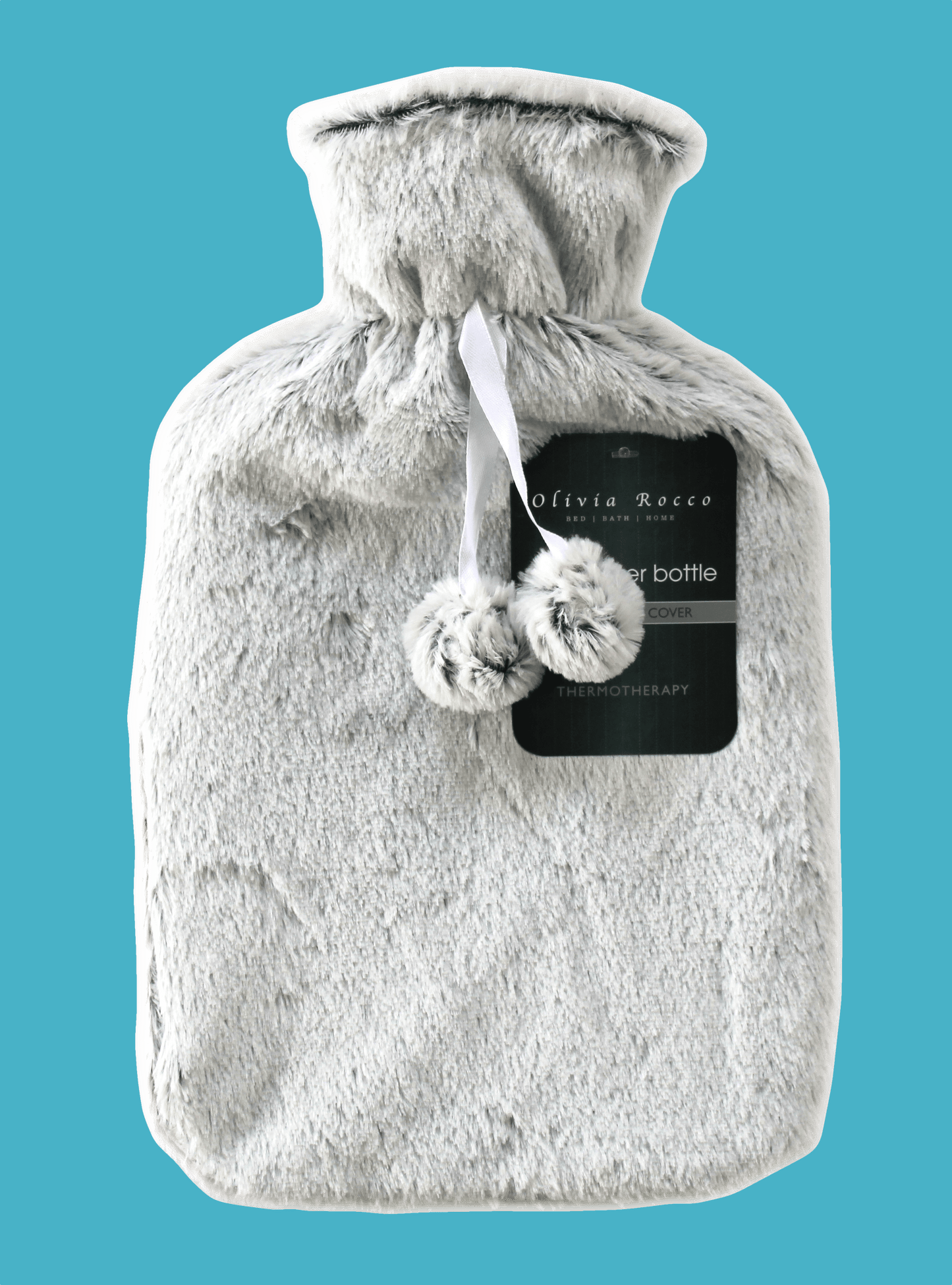 2L Soft Plush Hot Water Bottle with Faux Fur Pom Pom Cover for Warmth Durable Natural Rubber UK Safe Tested Cozy Winter Comfort Ideal Gift for Adults Kids by OLIVIA ROCCO