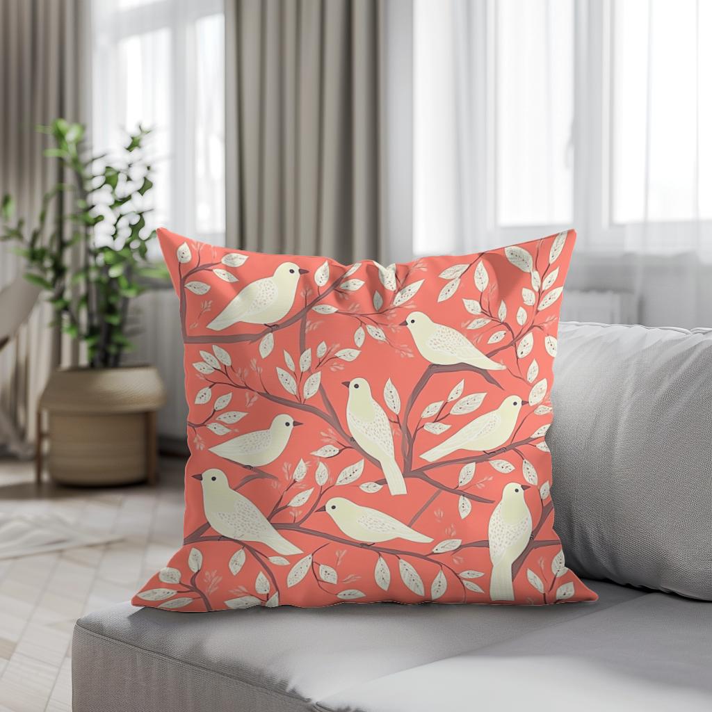 Coral Cream Bird Folk Art Cotton Cushion