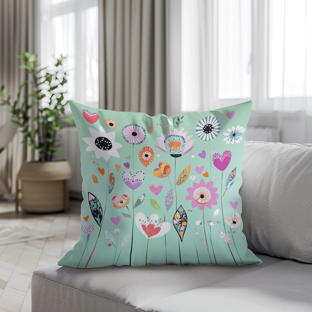 Mint Green Folk Flower Cotton Cushion