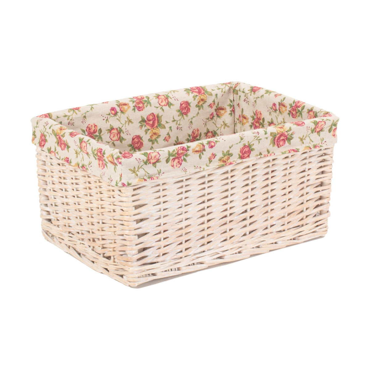 Large White Wash Willow Storage Basket with Garden Rose Lining