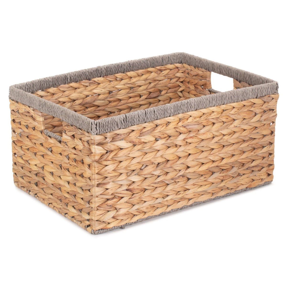 Large Rectangular Water Hyacinth Storage Basket with Grey Rope Border