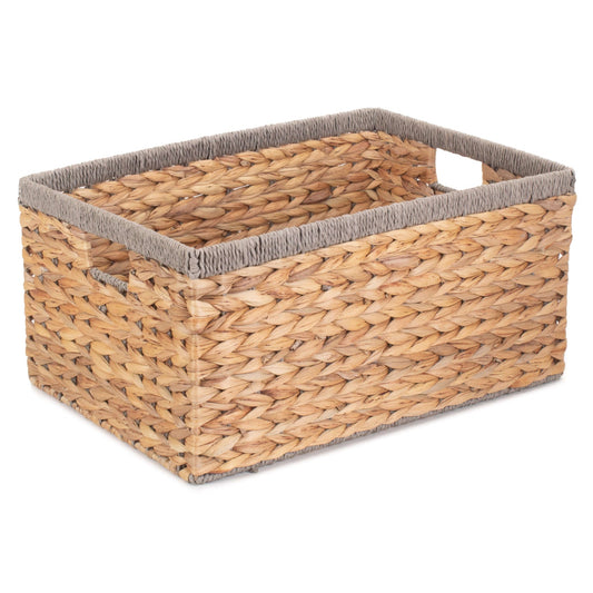 Large Rectangular Water Hyacinth Storage Basket with Grey Rope Border