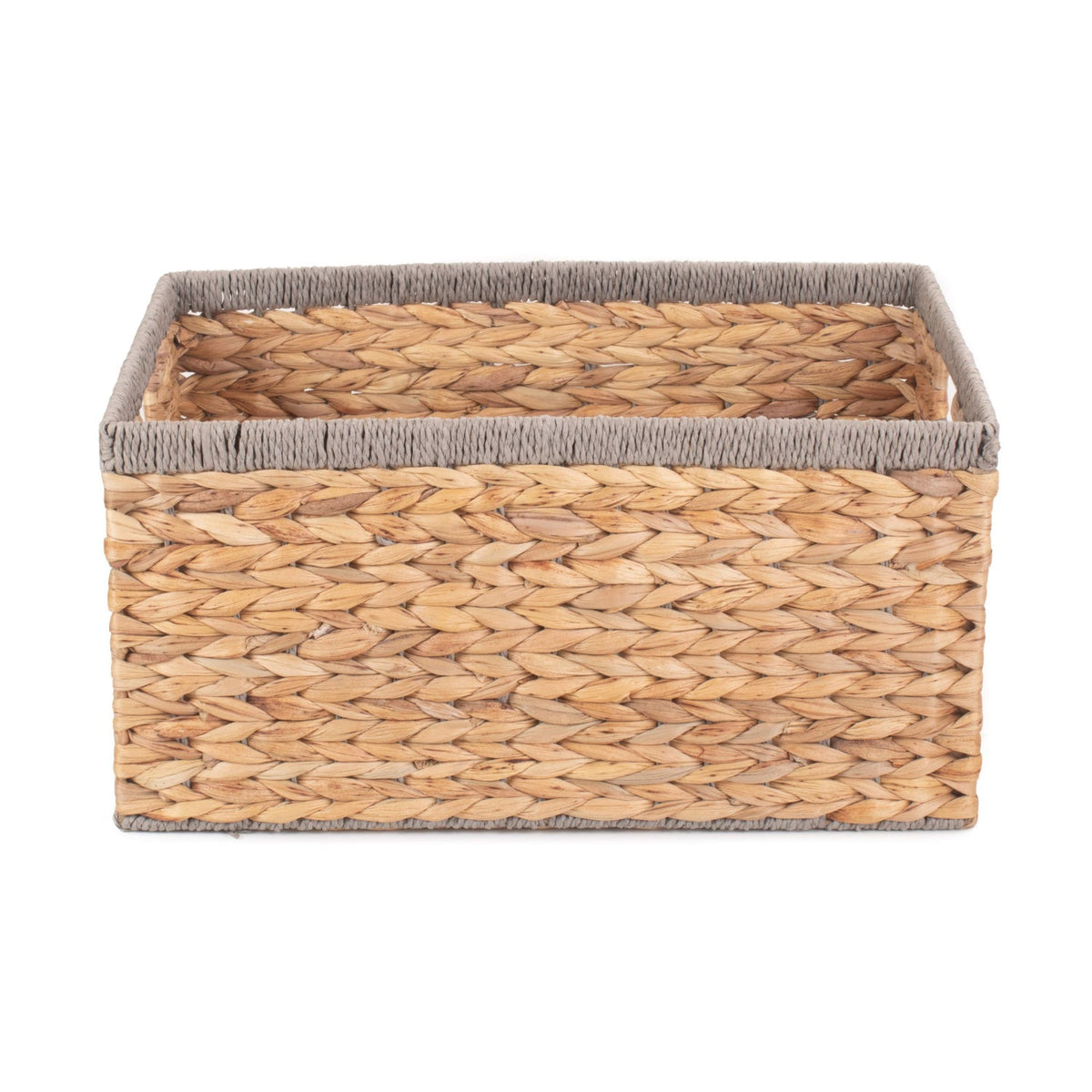 Large Rectangular Water Hyacinth Storage Basket with Grey Rope Border