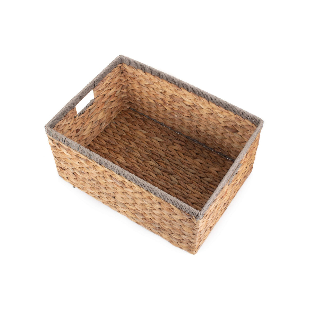 Large Rectangular Water Hyacinth Storage Basket with Grey Rope Border
