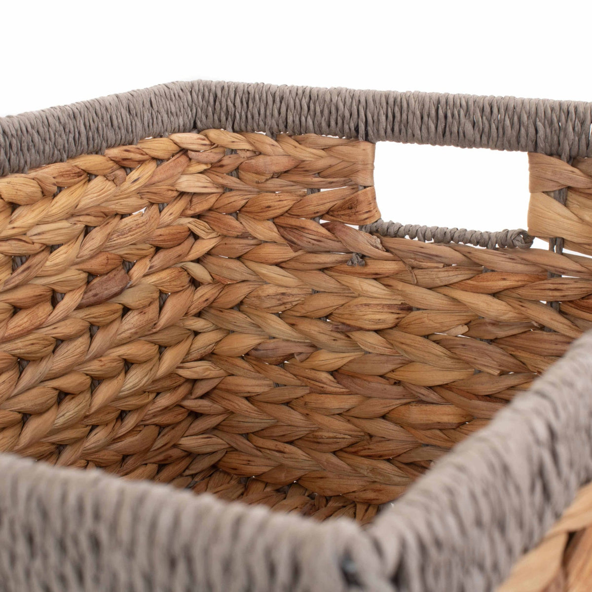 Large Rectangular Water Hyacinth Storage Basket with Grey Rope Border