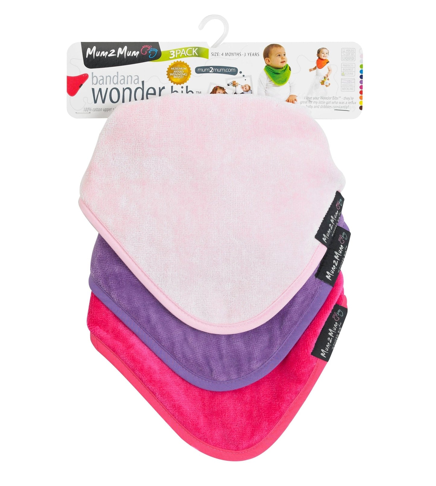 3 PACK - Mum 2 Mum Bandana Style Baby Bibs - Cerise / Purple / Baby Pink