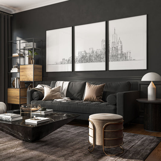 3 Pictures for Living Room | New York Skyline Line Art Skyscraper Wall Art Prints | Set of 3