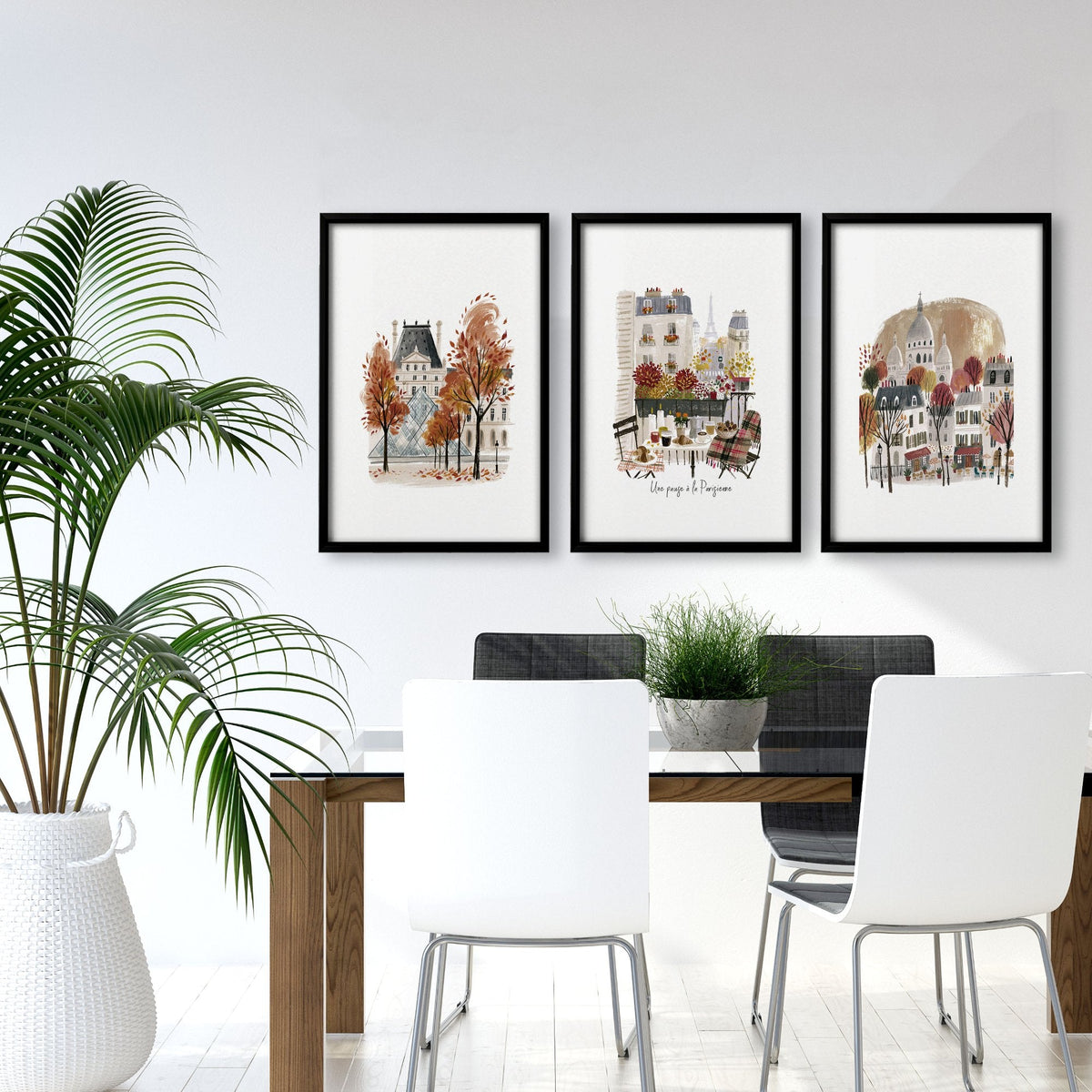 3 Pictures on Wall Autumn Paris Eiffel Tower & Louvre Travel Art Prints | "Une Pause à la Parisienne" | Set of 3