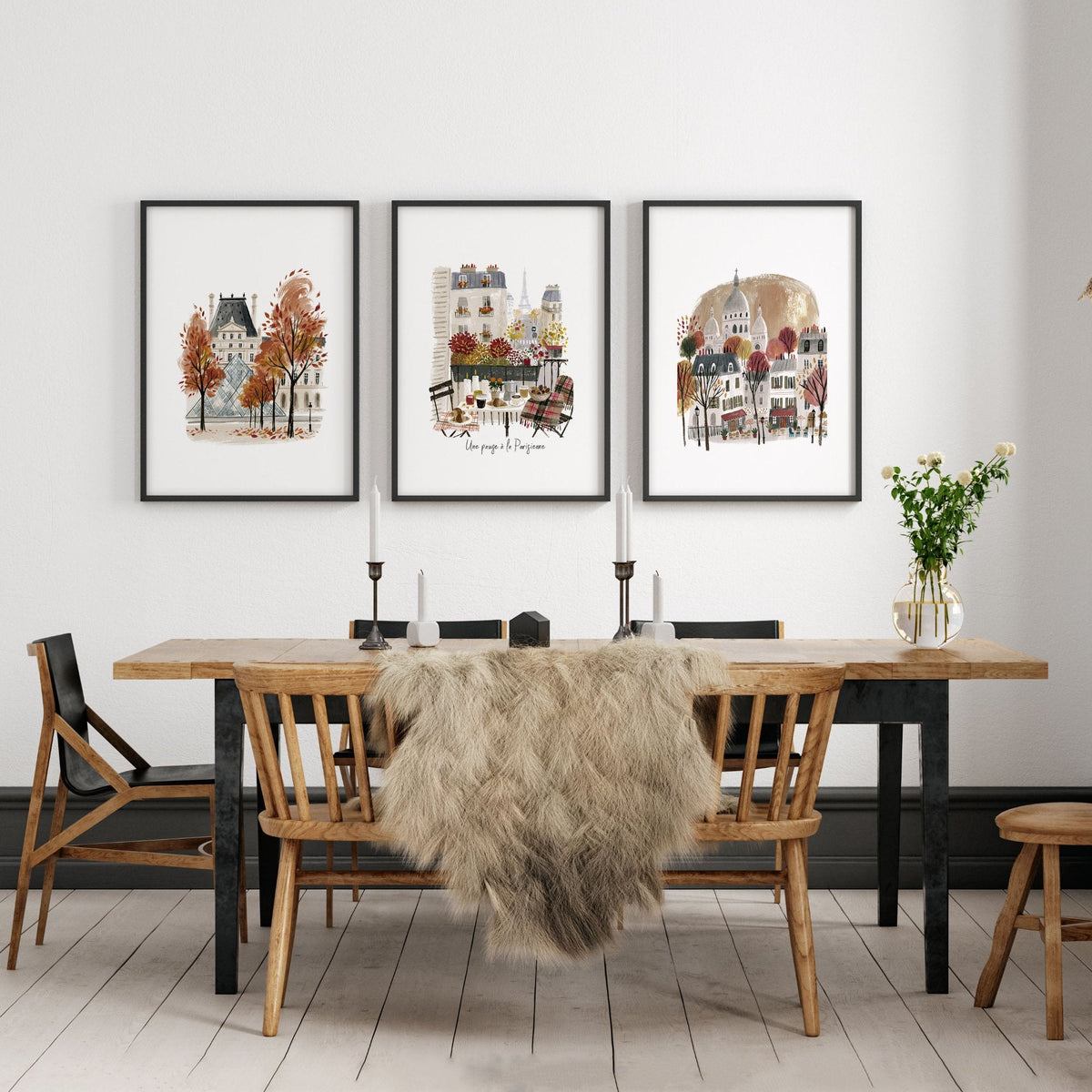 3 Pictures on Wall Autumn Paris Eiffel Tower & Louvre Travel Art Prints | "Une Pause à la Parisienne" | Set of 3