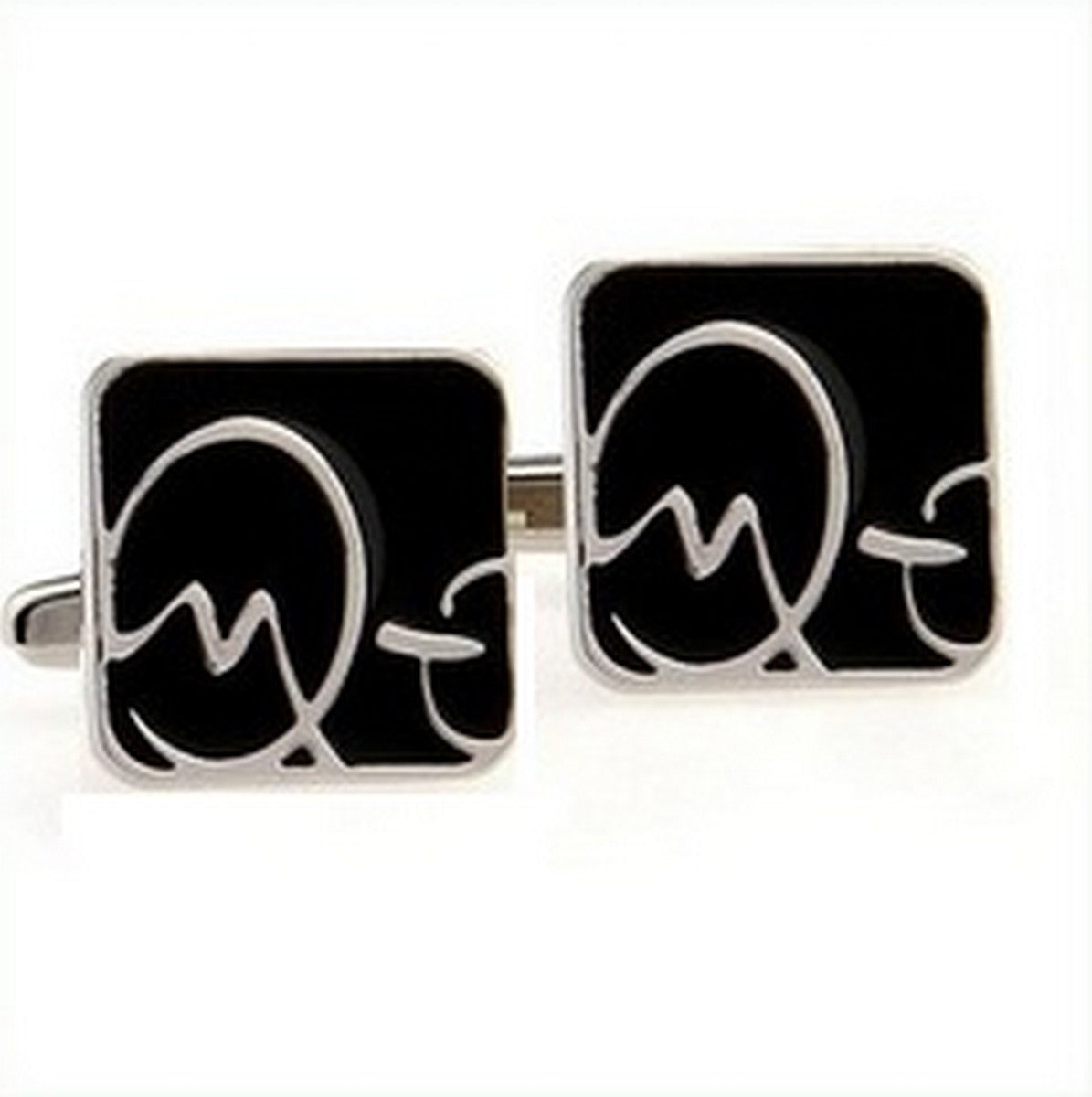 black square cufflinks with quirky silver design