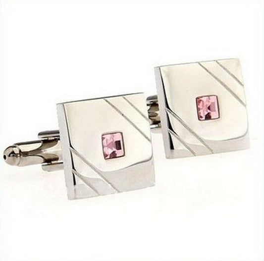 Elegant silver square cufflinks with pink stone crystal