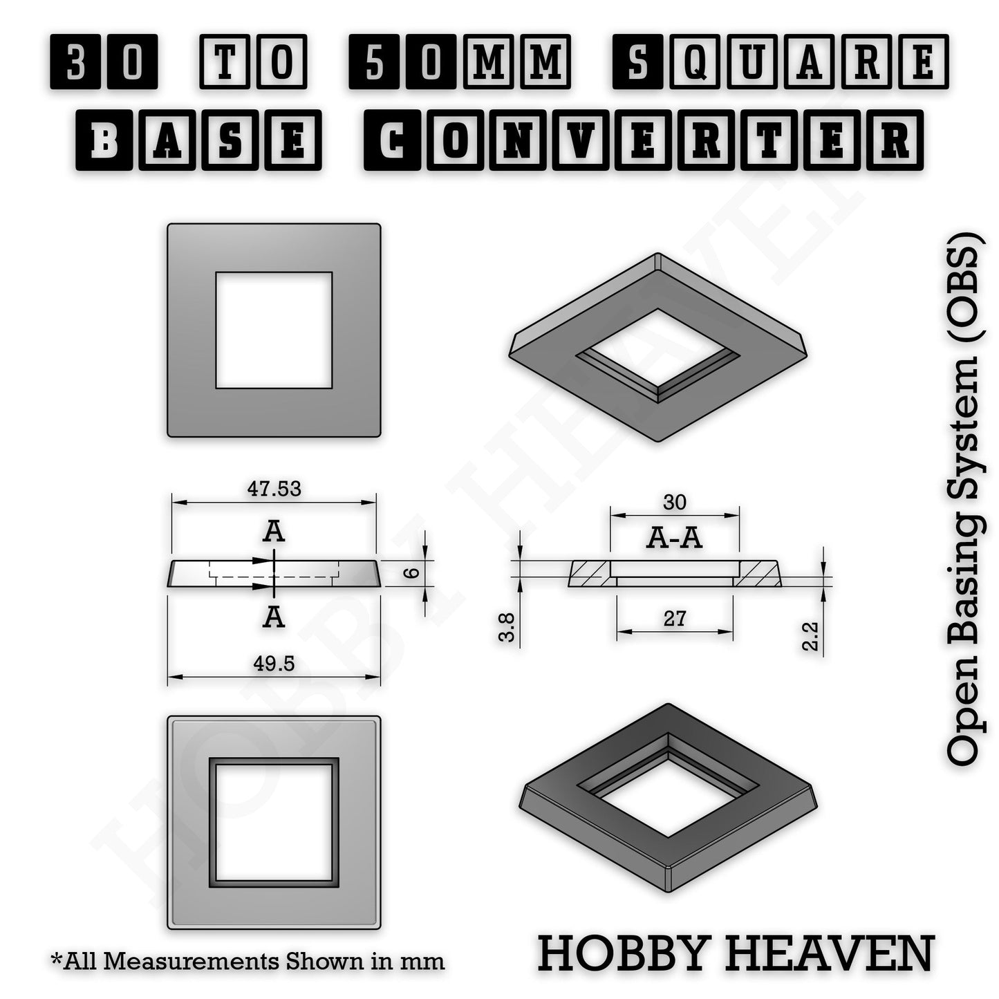 Square to Square Base Converters 3D Print Full Range