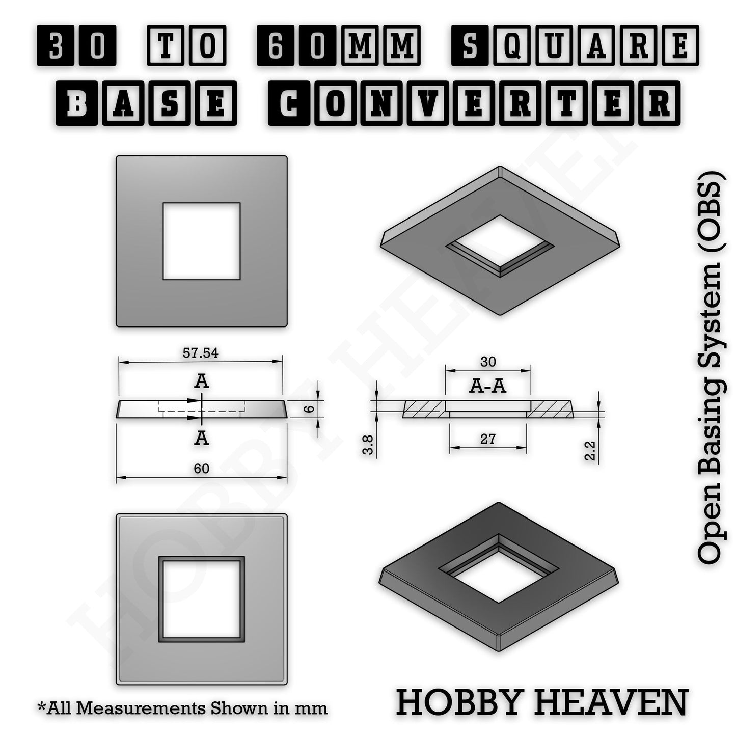Square to Square Base Converters 3D Print Full Range