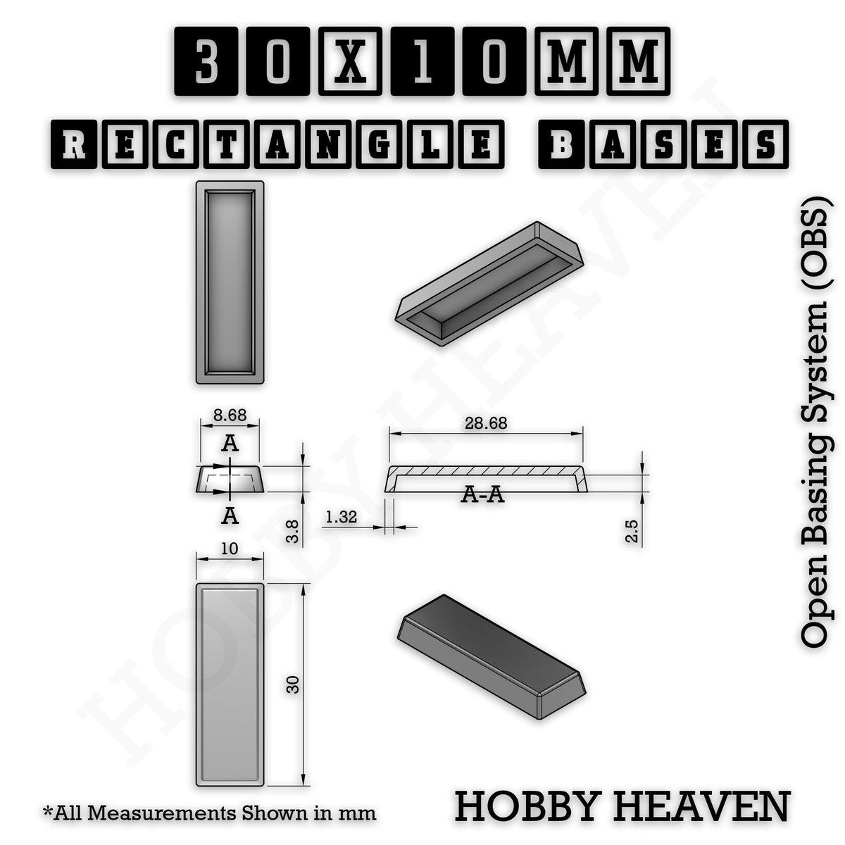 Rectangle Bases Small Sizes - 20x15mm to 75x25mm and up to 60x50mm Wide - 3D Print Tabletop Games