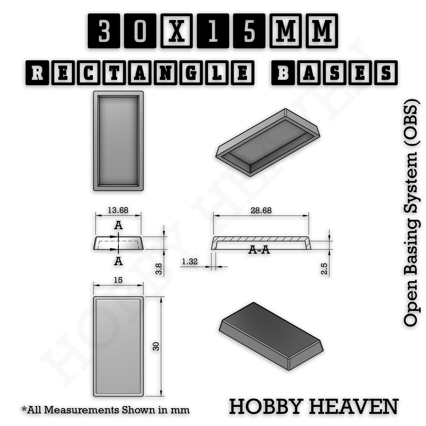 Rectangle Bases Medium Sizes - 75x30mm to 125x40mm and up to 100x90mm Wide - 3D Print Tabletop Games