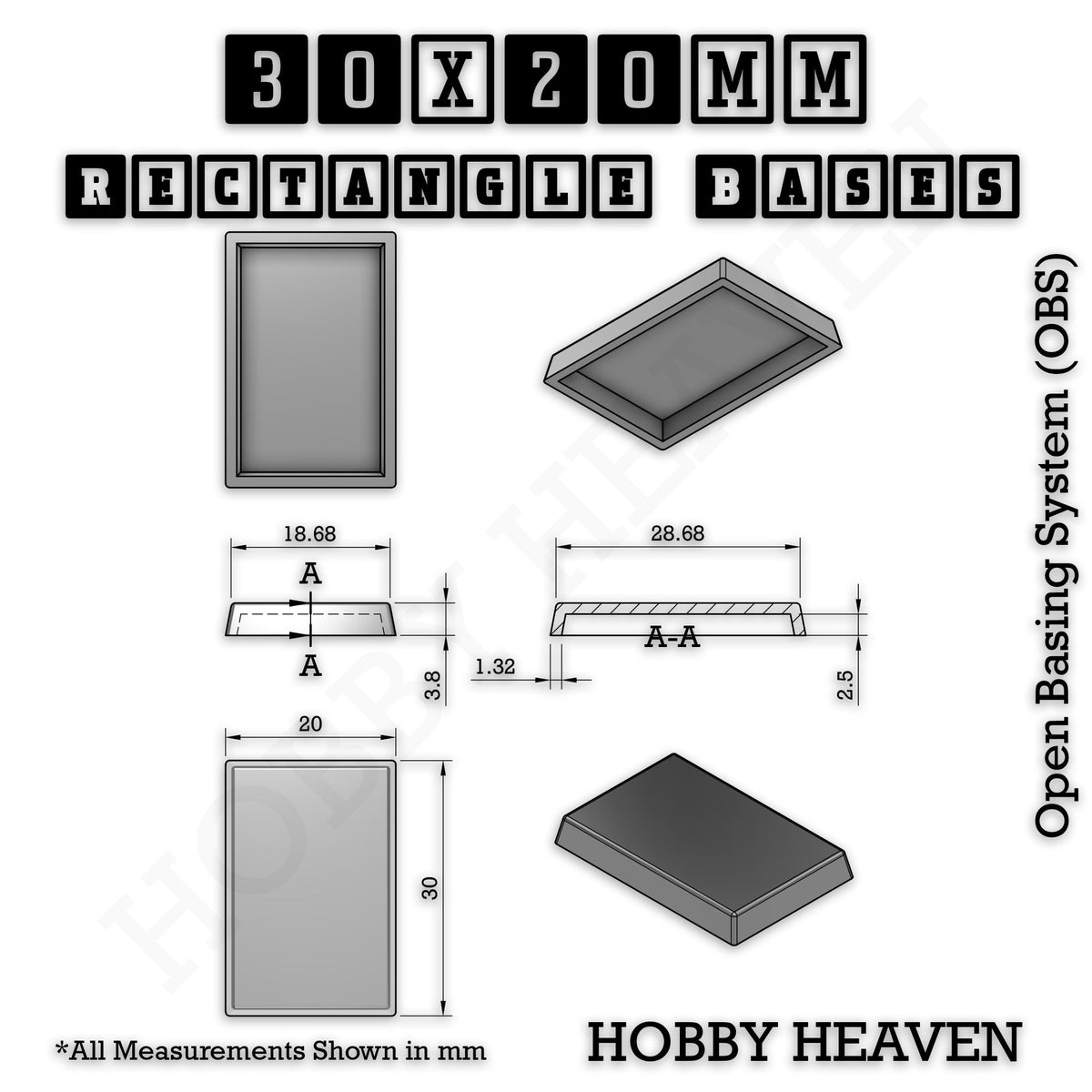 Rectangle Bases Small Sizes - 20x15mm to 75x25mm and up to 60x50mm Wide - 3D Print Tabletop Games