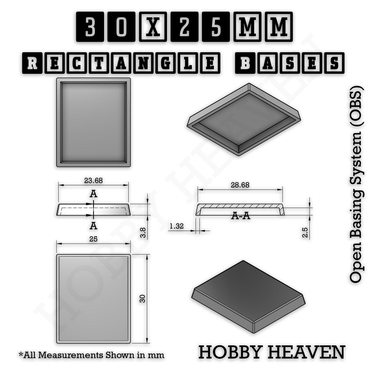 Rectangle Bases Small Sizes - 20x15mm to 75x25mm and up to 60x50mm Wide - 3D Print Tabletop Games