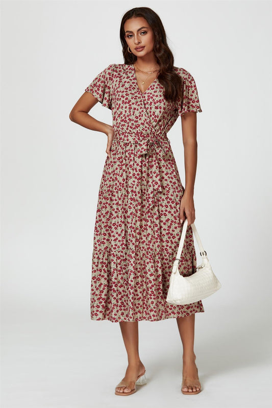 Pink Floral Print Wrap Midi Dress In Beige