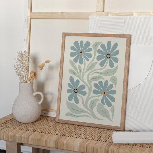 Abstract Flowers Blue and Green Print